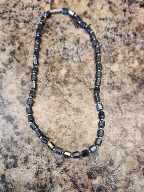 Real Hematite Cube Bead Necklace with Gold-tone Beaded Accents 9 Inches